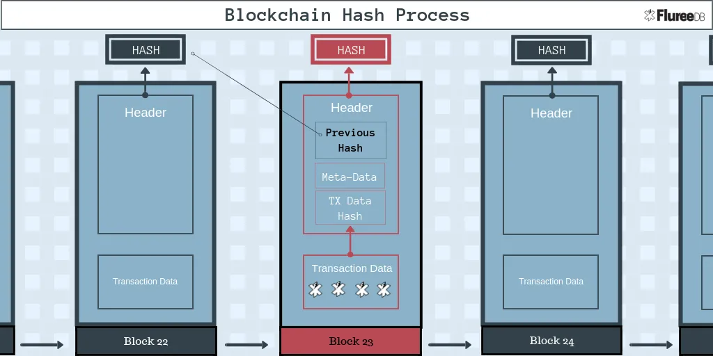 The image shows the blockchain hash process for immutability. 
