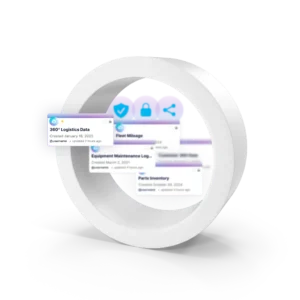 A futuristic digital visualization of interconnected data records floating within a white 3D ring. The records appear as digital cards with metadata such as creation dates, user updates, and labels like ‘360° Logistics Data,’ ‘Fleet Mileage,’ ‘Equipment Maintenance Log,’ and ‘Parts Inventory.’ In the background, icons representing security, verification, and data sharing are subtly visible. The design employs a clean, modern aesthetic with soft lighting and gradients to convey a sense of structured and secured data management.