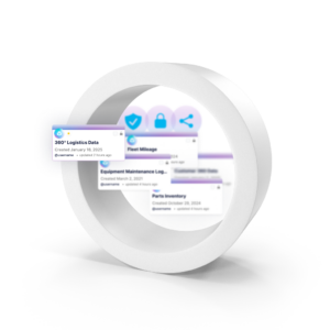 A futuristic digital visualization of interconnected data records floating within a white 3D ring. The records appear as digital cards with metadata such as creation dates, user updates, and labels like ‘360° Logistics Data,’ ‘Fleet Mileage,’ ‘Equipment Maintenance Log,’ and ‘Parts Inventory.’ In the background, icons representing security, verification, and data sharing are subtly visible. The design employs a clean, modern aesthetic with soft lighting and gradients to convey a sense of structured and secured data management.