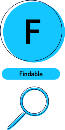 The image shows the "F" character from the "FAIR" data graphic. "F" stands for Fair. 